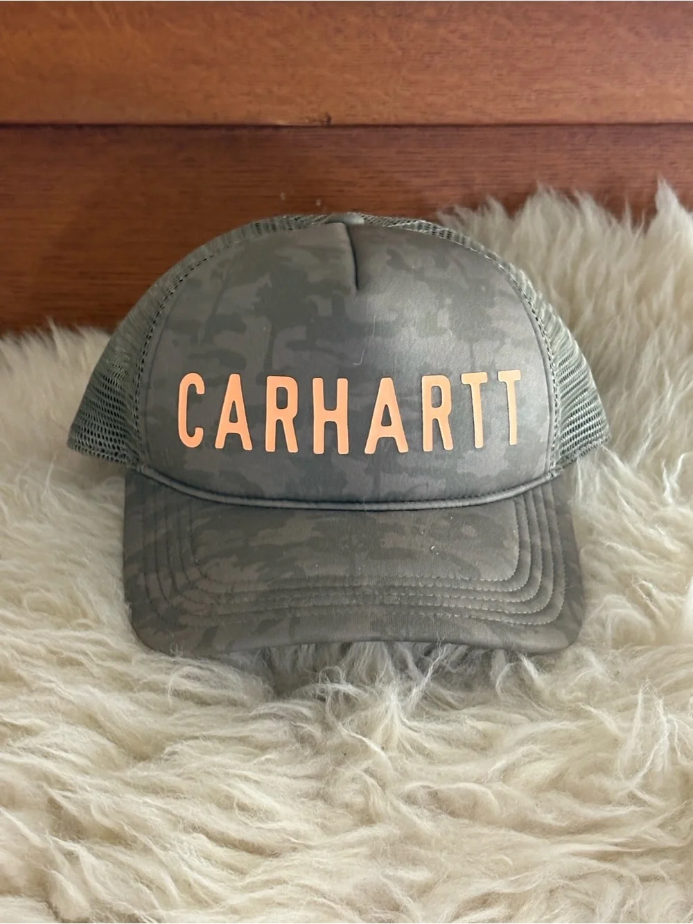 Carhartt Olive Camo Mesh Hat with Peach Logo